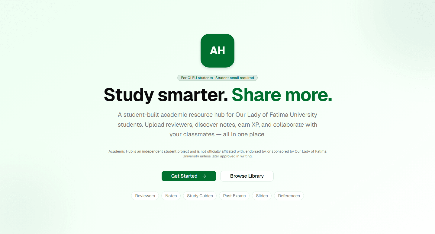 OLFU Academic Hub landing page inviting students to study, share resources, and collaborate