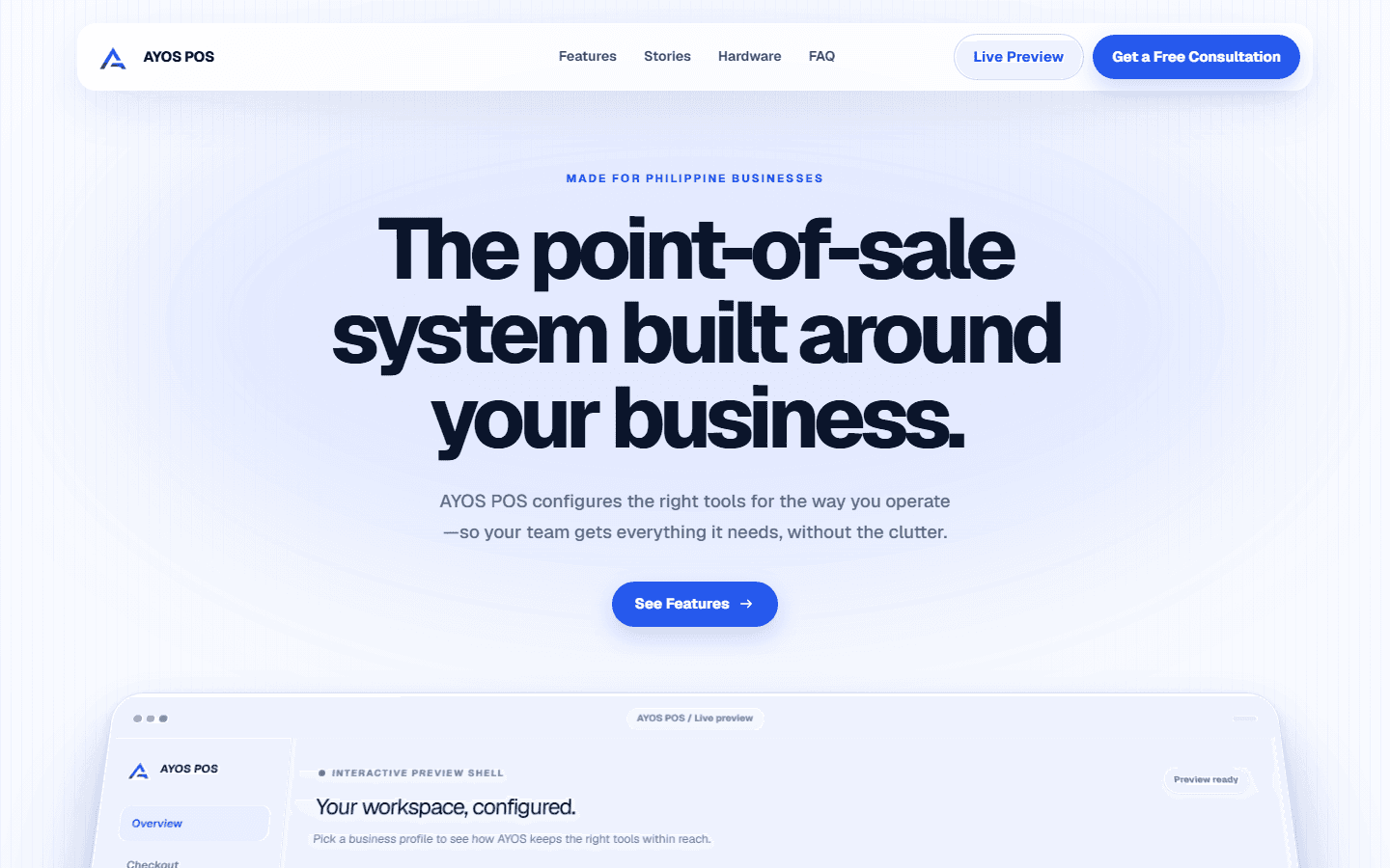 AYOS POS public website hero introducing the point-of-sale product