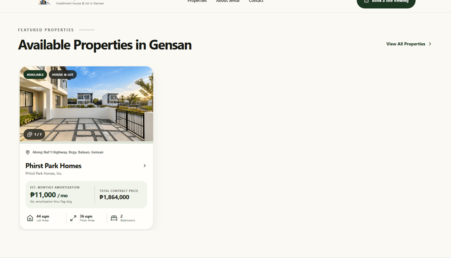 Homes by Jemai catalog showing a property card with price, payment, and home details