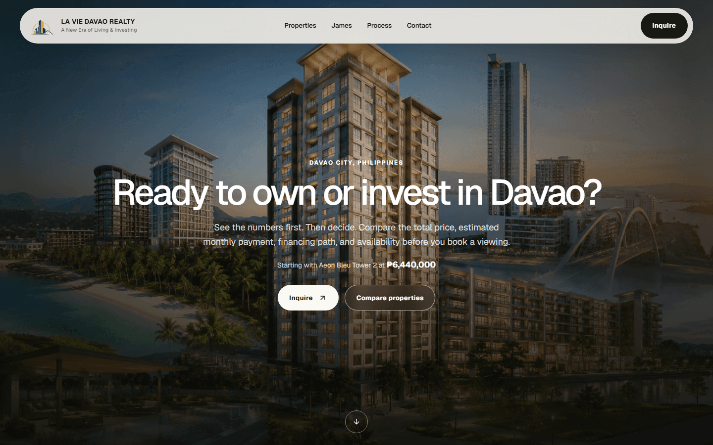 La Vie Davao Realty homepage presenting Davao properties with pricing and comparison actions